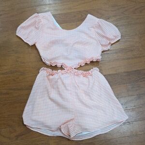 ILLA ILLA Peach Gingham Ruffle Crop Top & High-Waist Shorts